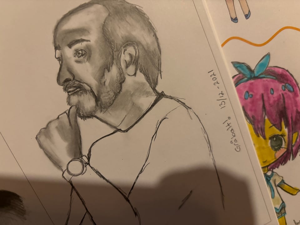 Drawing of an older man. It looks like he’s thinking about something.