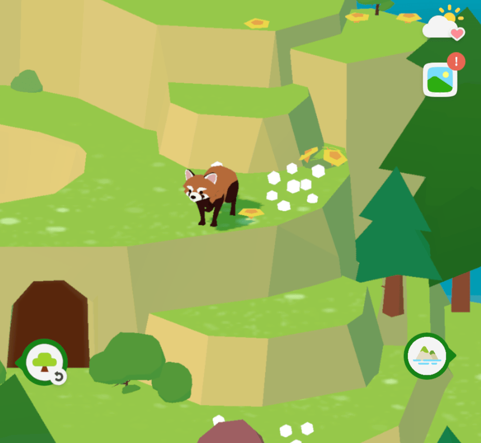 A screenshot of an android game. There is a brown raccoon with beige ears standing on a plateau with yellow and white flowers. He is surrounded by trees, bushes, caves, and other natural elements. There are some icons that surround the image.