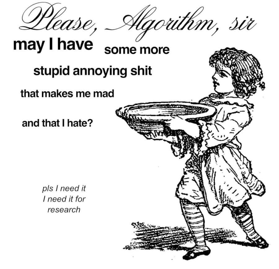 An image of a small Victorian child holding a massive bowl. Text reads: Please, Algorithm, sir, may I have some more stupid annoying shit that makes me mad and that I hate? pls I need it I need it for research