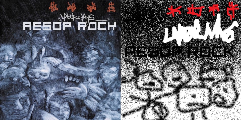 A drawing, in blue and black colored pencils(?), of a bunch of people grouped together in a mass -- it's difficult to separate one body from another. Faces are visible, and they seem kind of sad and downtrodden. Poking up at the back of mass is a distinct body, a man in a suit and tie who vaguely resembles a young Richard Benjamin.