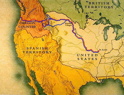 A map showing the United States, Spanish Territory in the southwest, Oregon Country to the northwest, and British Territory to the north. A line goes from St. Louis to the Pacific coast in Oregon Country.