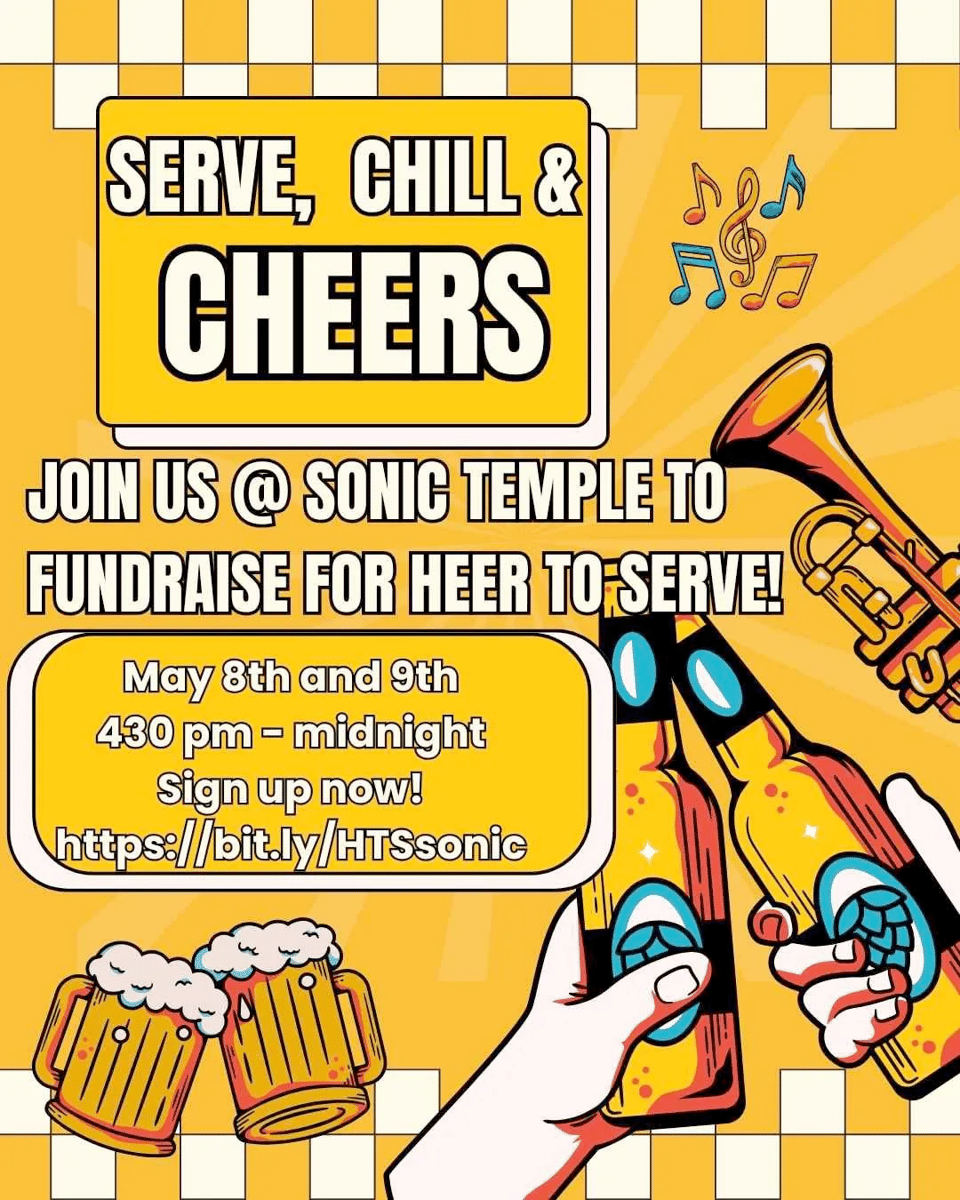 Join us at Sonic Temple to fundraise for heer to serve. Picture of beers being cheersed