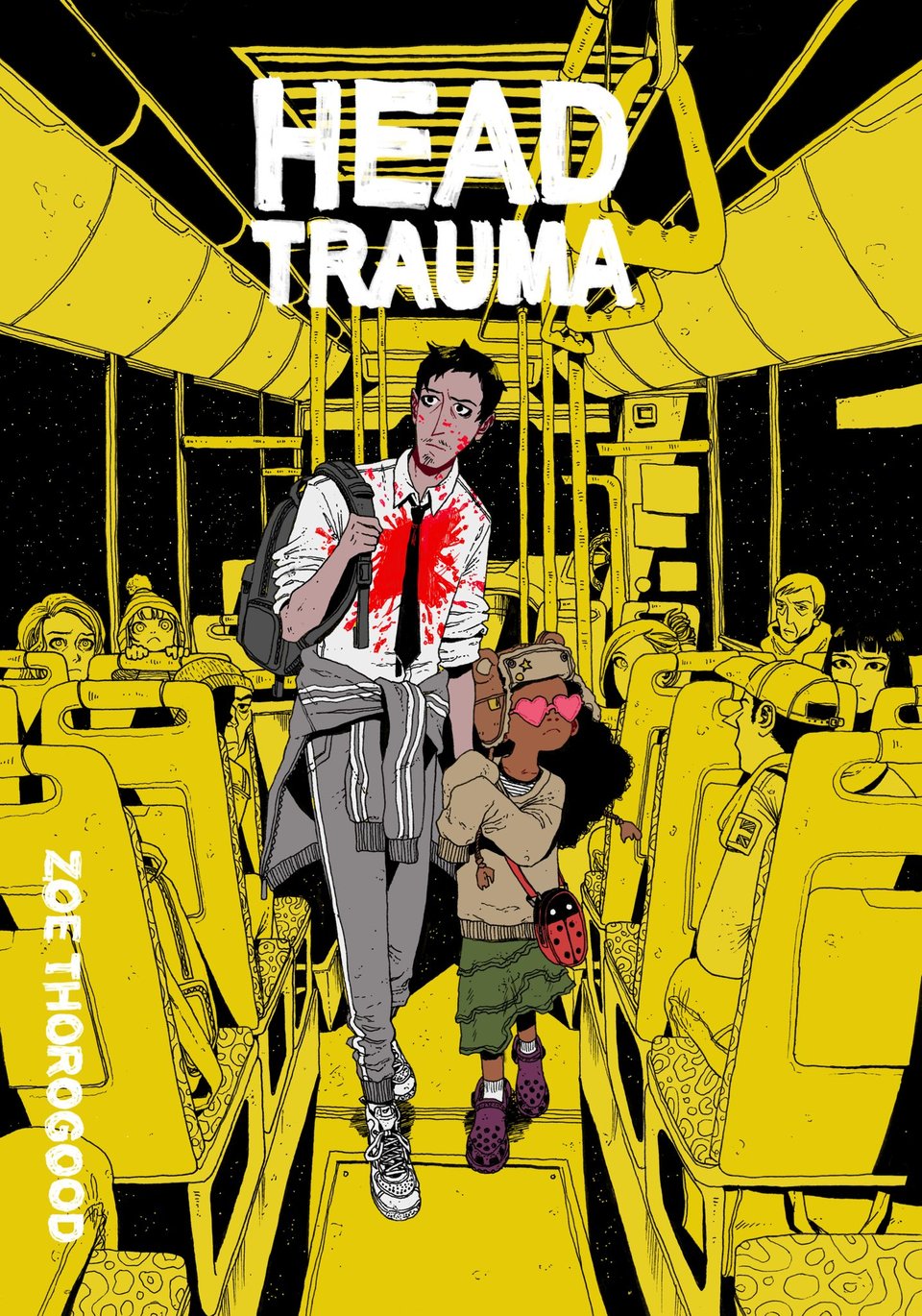 Concept art for Head Trauma by Zoe Thorogood, showing a man in sweatpants and a jacket tied around his waist, but a dress shirt splattered with blood, leading a girl with a trapper hat and heart-shaped sunglasses down a bus.