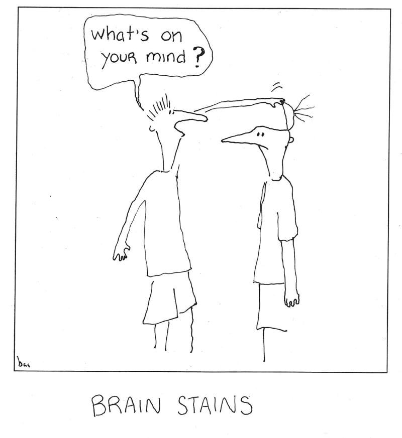 Cartoon of one person opening another person's head and asking what's on your mind?