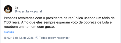 Post de Ly (‪@lycarr.bsky.social‬) :

Pessoas revoltadas com o presidente da república usando um tênis de 1100 reais. Amo que eles sempre esperam voto de pobreza de Lula e recebem um homem com gosto.