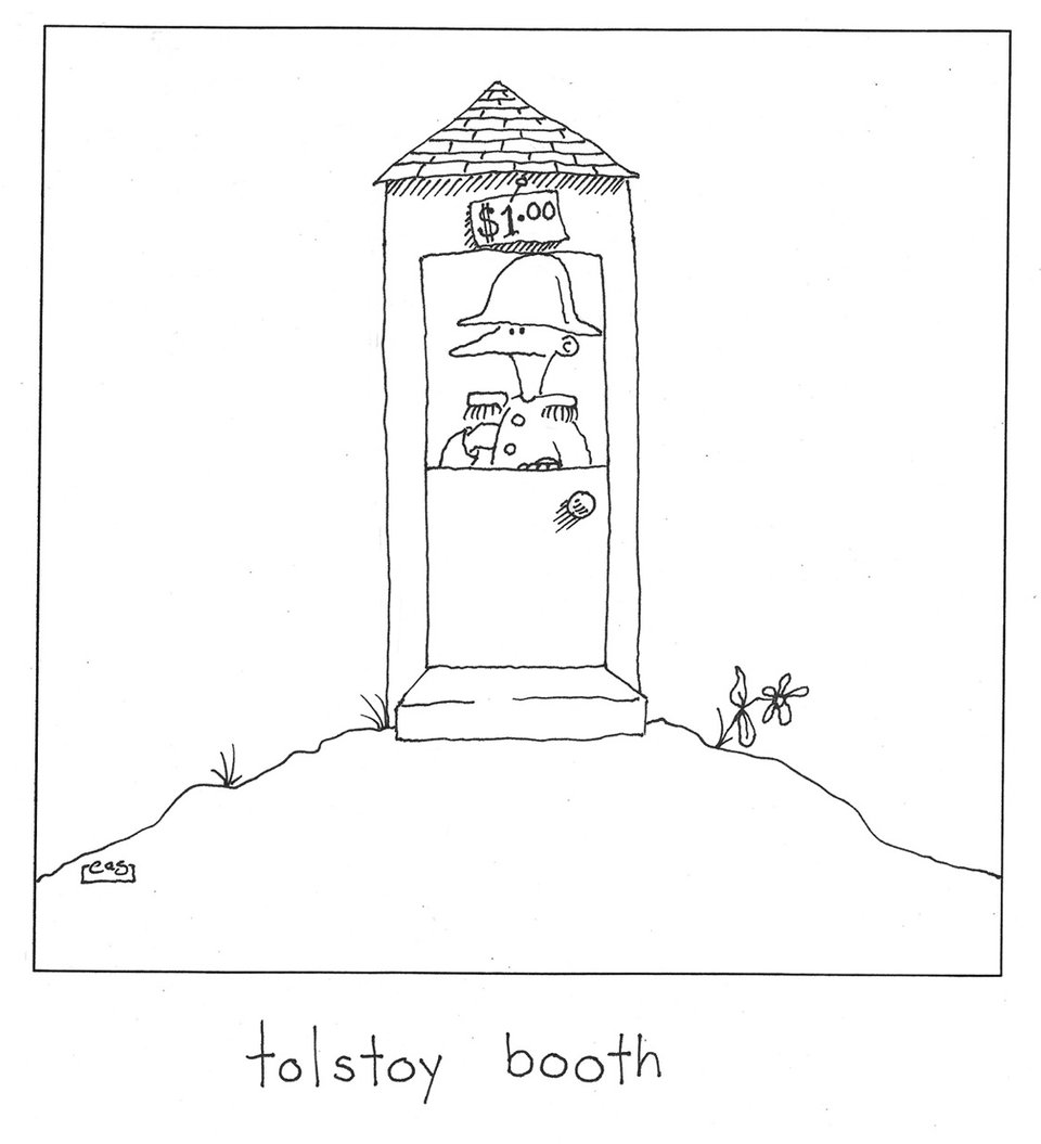 Cartoon of Napoleon in a little booth, with the caption "Tolstoy booth"