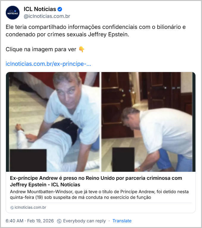 Post de ICL Notícias (‪@iclnoticias.com.br‬) com o texto e um link para o portal ICL: 

Ele teria compartilhado informações confidenciais com o bilionário e condenado por crimes sexuais Jeffrey Epstein.

Clique na imagem para ver 👇
