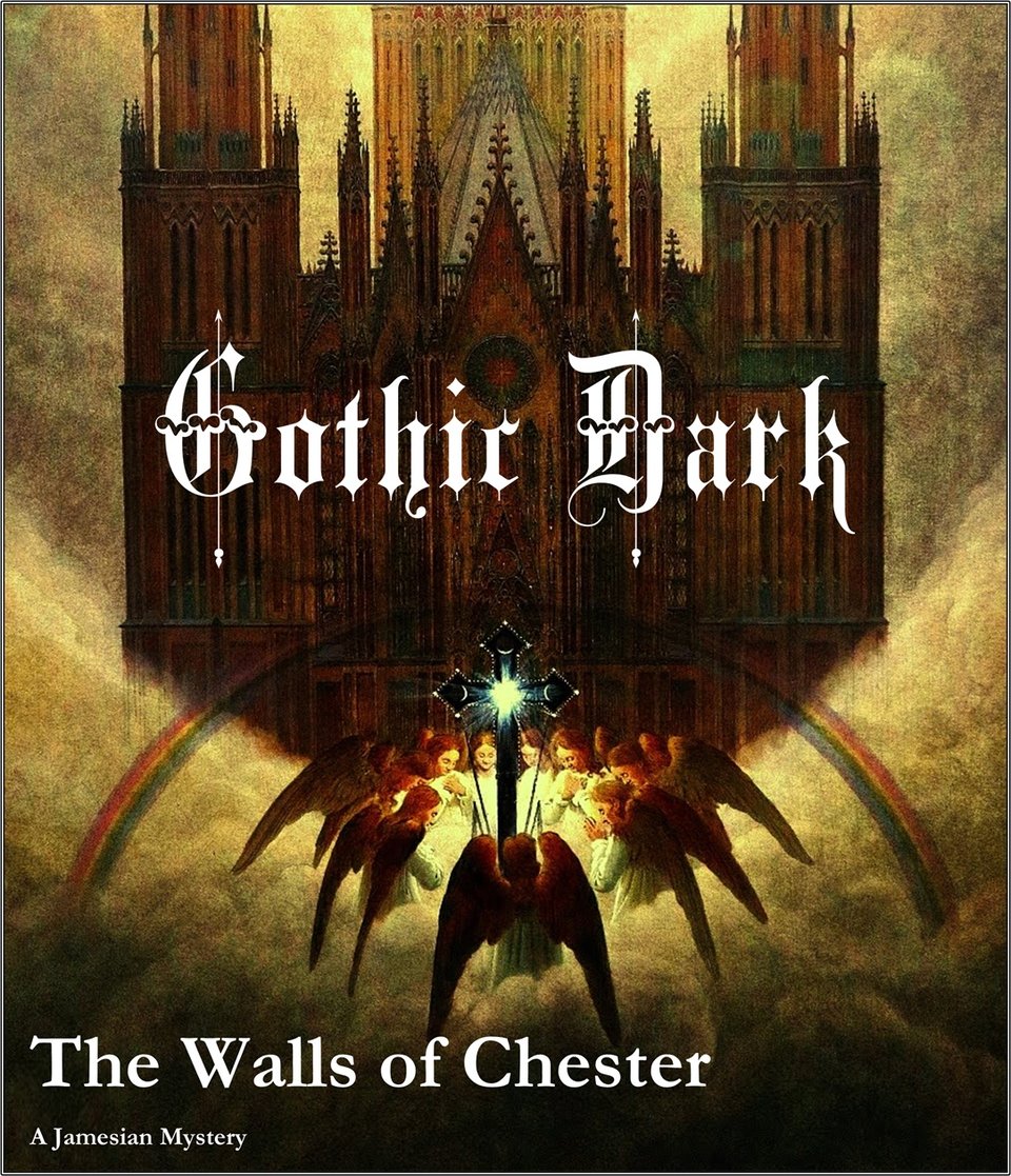 a dark gothic cathedral rises through the clouds as angels gather