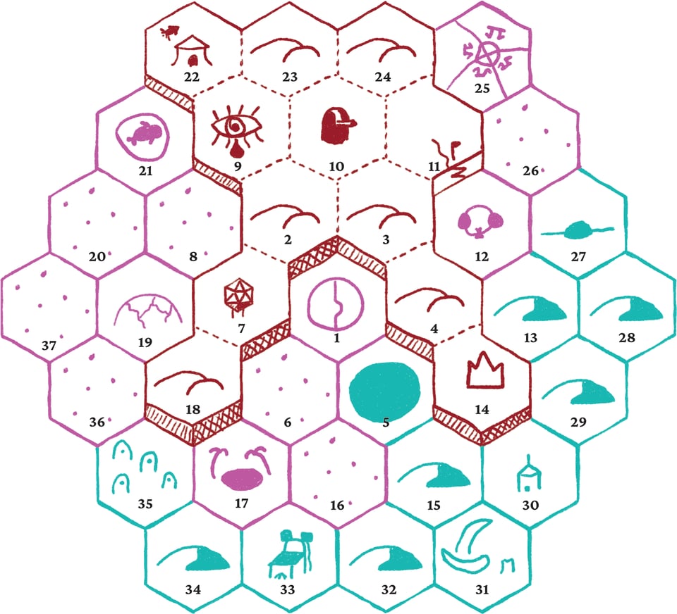 a flower of 37 hexagonal tiles, broken into three regions, one teal, one purple, and one dark red. The dark red region is separated from the other two by cliffs. 