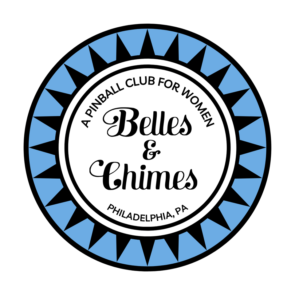 This is a logo for Belles and Chimes: A Pinball League for Women. Philadelphia, PA. The logo is a circle with white in the center with black writing, the outer ring of the logo is light blue and blank.