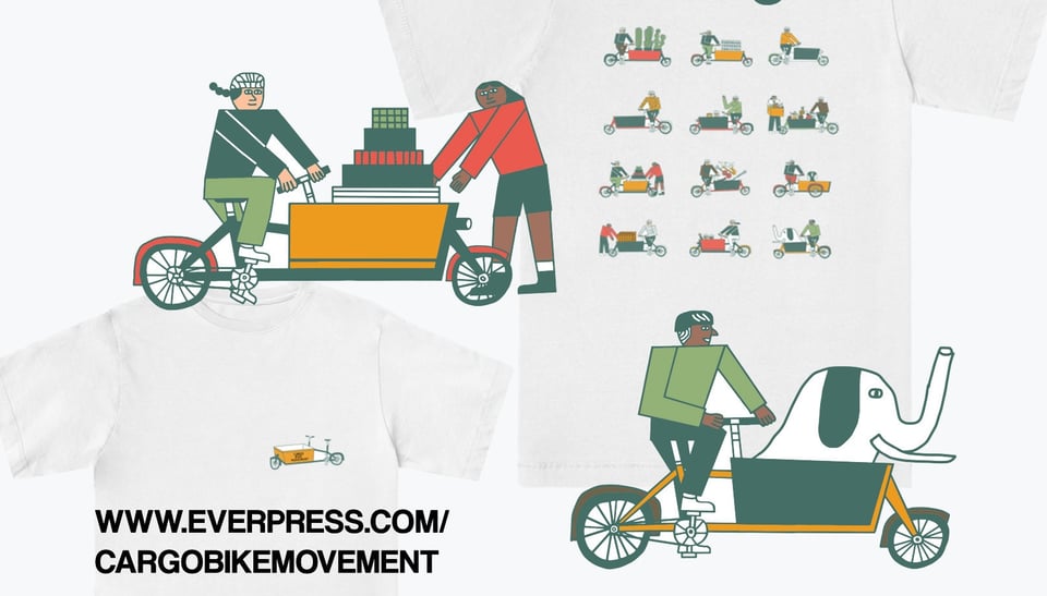 A link to the CBM fundraiser is visible - www.everpress.com/cargobikemovement - against a backdrop of images of the white tee shirts for sale depicting cargo bikes carrying different, often whimsical loads in their cargo boxes.