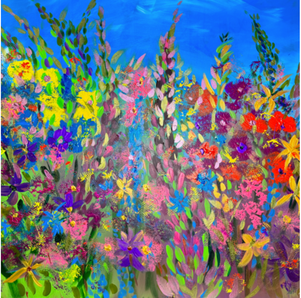 a painted floral scene in yellow, green, purple and pink on a green and blue backgound by Kent Estey