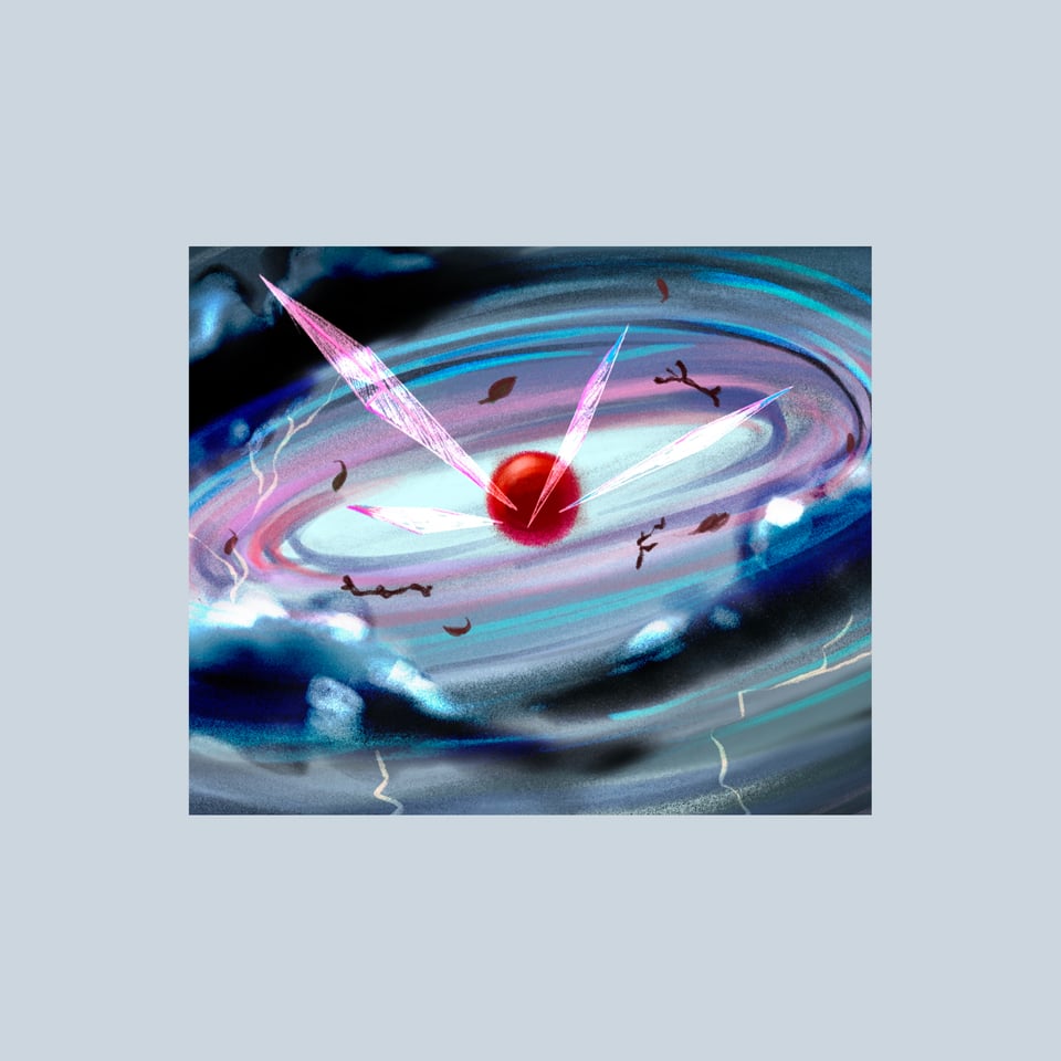 A red sphere in the centre of blue and white storm clouds and lightning surrounded by crystals.