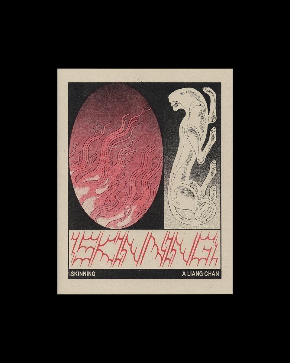 cover for Skinning by A Liang Chan, with drawings of fire and a figurine of an animal missing its head in panels, in red and black ink on pale brown paper.
