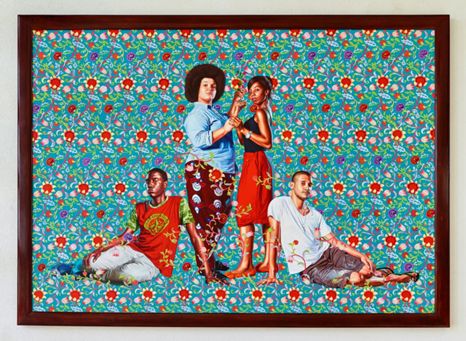 Kehinde Wiley's painting Young Artists After Siamesas 1960s. It features four people of varying gender presentation, skin coloration, hair type, body type, and clothing, in different poses, in and on a brightly-colored floral background.