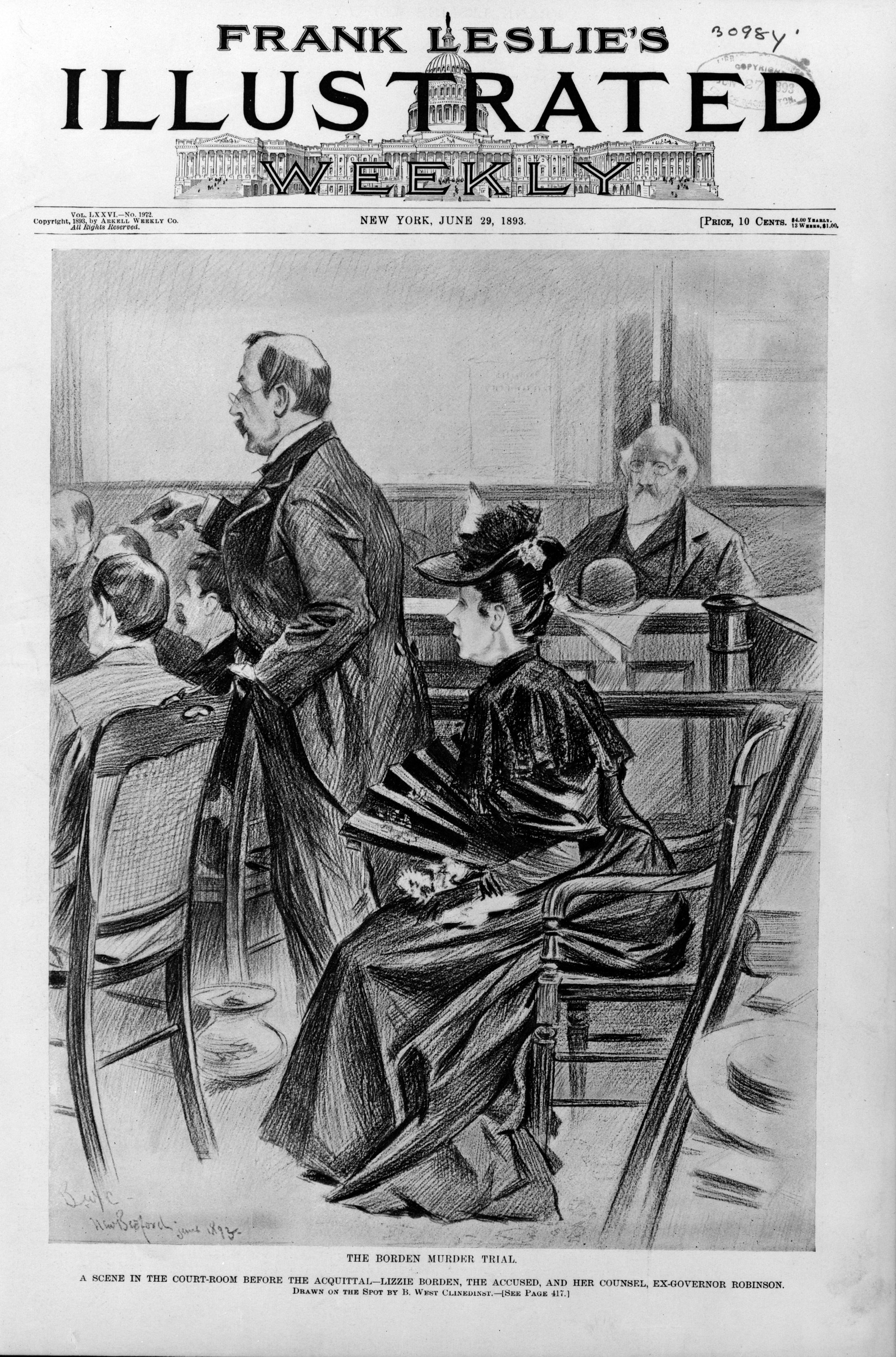 The Borden murder trial—A scene in the court-room before the acquittal - Lizzie Borden, the accused, and her counsel, Ex-Governor Robinson. Illustration in Frank Leslie's illustrated newspaper, v. 76