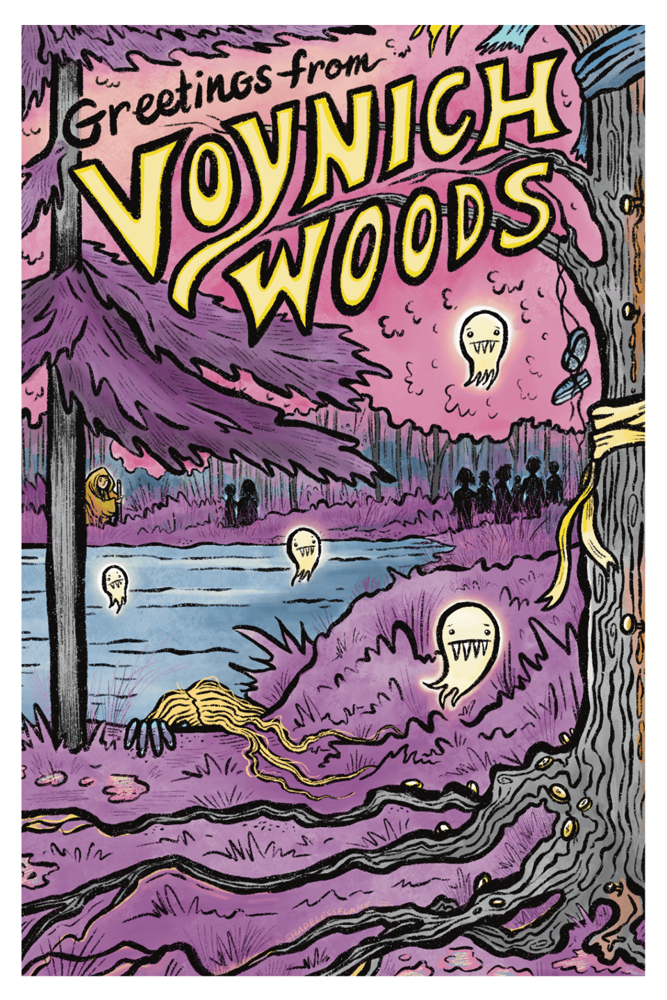 A wooded scene in purples, pinks, and yellows, showing a pond surrounded by trees. There are silhouettes of people in the background, plus a witchy woman in a cloak. Toothy, glowing willowisp creatures float in the air. On the shore of the pond, a person with yellow hair and blackened fingers reaches out of the water. In the foreground, a tall dead tree stands, with coins and nails hammered into its bark.
