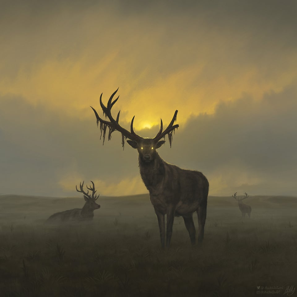 A painting of deer in a field. One deer is standing looking at the viewer, its eyes are glowing and it's missing one part of its impressive antler rack