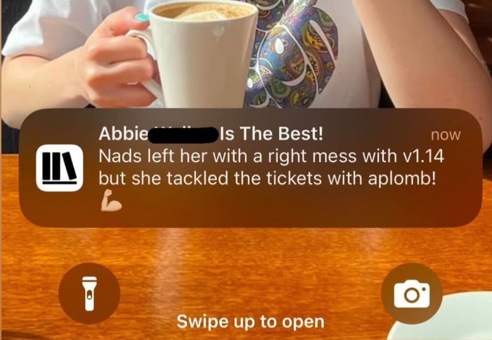Screenshot showing push notification on Abbie's phone. It reads: Abbie Is The Best. Nads left her with a right mess with v1.14 but she tackled the tickets with aplomb!
