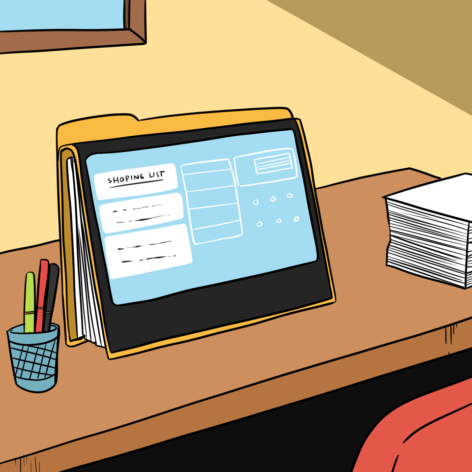 A folder is sitting on a desk it has papers inside, on the front is a digital screen which has an example list showing a shopping list.