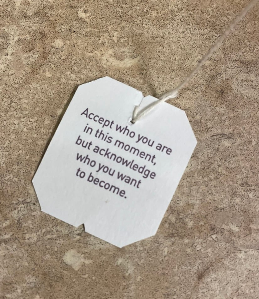 The paper tab on a tea bag. It reads: Accept who you are in this moment, but acknowledge who you want to become