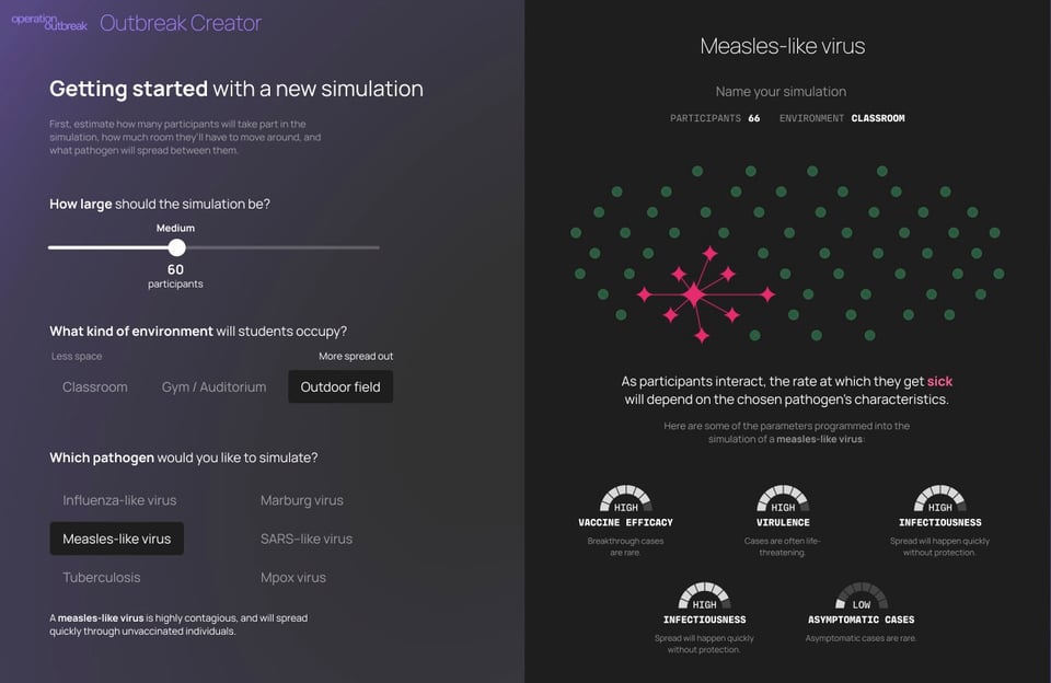The Operation Outbreak simulation creation page where you can select different parameters for your simulation like size, environment, and pathogen type.