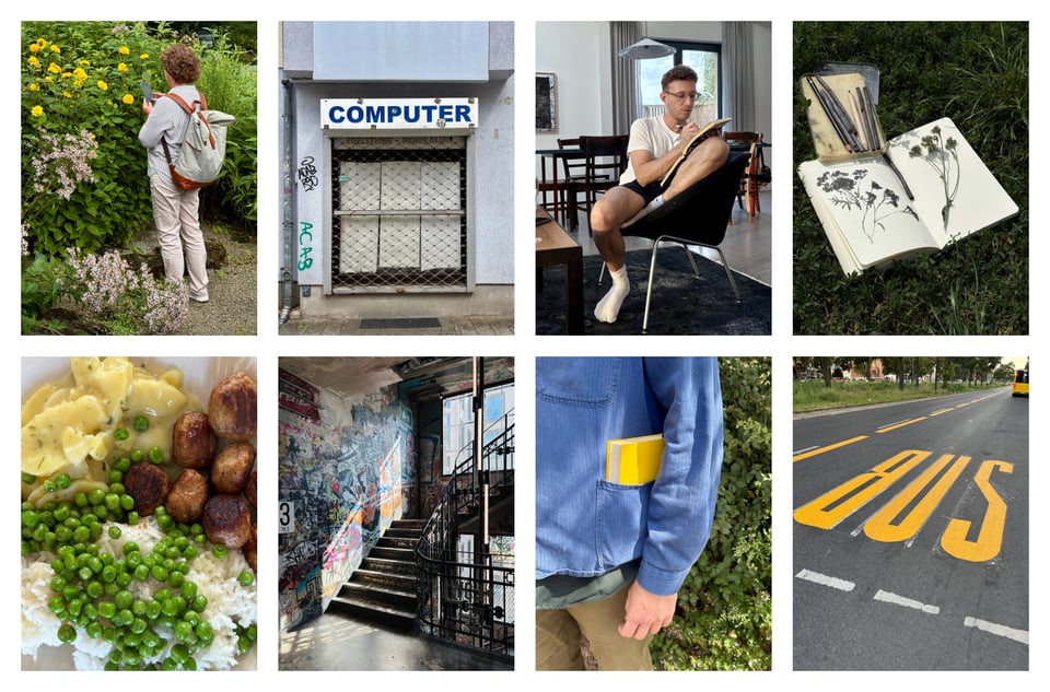 Collage August: Zeichnungen, ein Treppenhaus, Reis mit Erbsen, ein gelbes Buch in einer blauen Jackentasche