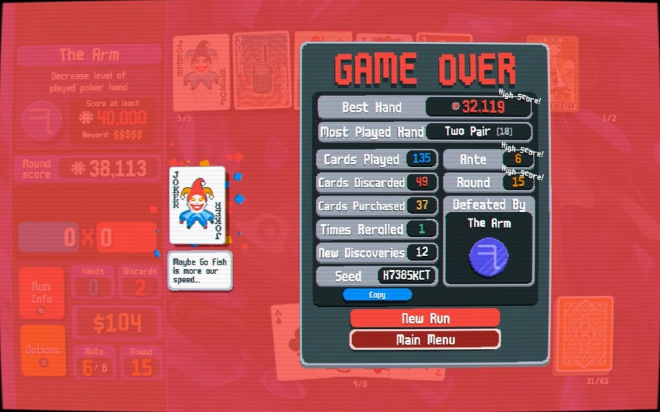 A screenshot from 'Balatro' of the author's losing seed