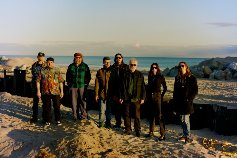 Six men and two women, all members of the band Sunburned Hand of the Man, stand on a beach in a ragged line, looking at the camera.
