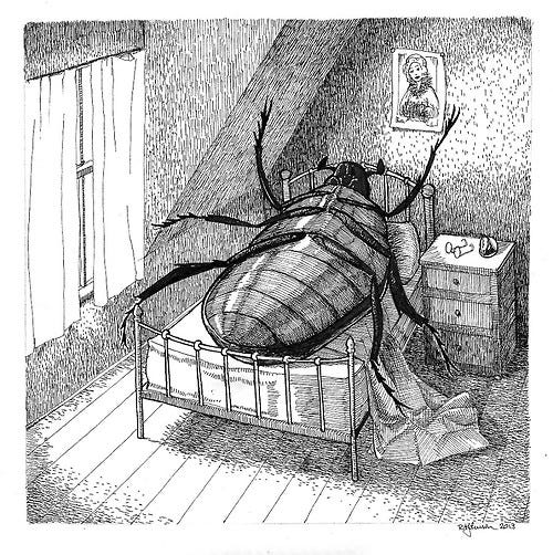 a human sized beetle lies on a bed in an attic room, on the bedside table are some glasses and a picture of a woman is hanging on the wall above it
