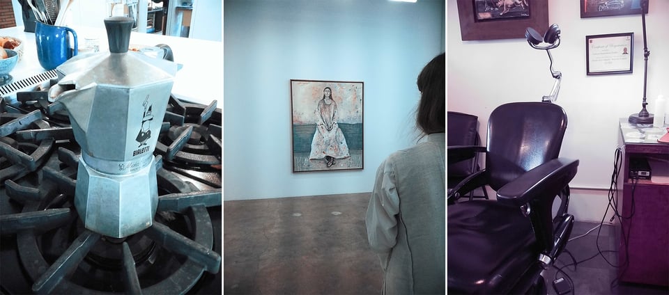 Three Instax photos: left, a Moka Bialetti coffeemaker on a range; center, the artist Celia Paul looking at her self portrait in a gallery; right, a comfortable leather chair in a tattoo gallery