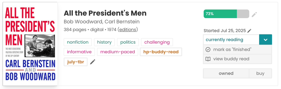 A StoryGraph book pane for All the President’s Men showing progress at 73%, tagged with nonfiction/history/politics, currently reading since July 25, 2025.