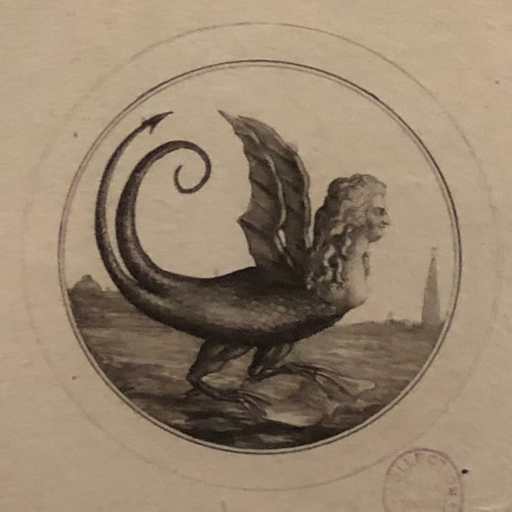 A circular print of a monster with a woman’s head, and a bird’s body. The creature perches on the ground, tearing up a sheet of paper. Her expression is nefarious.