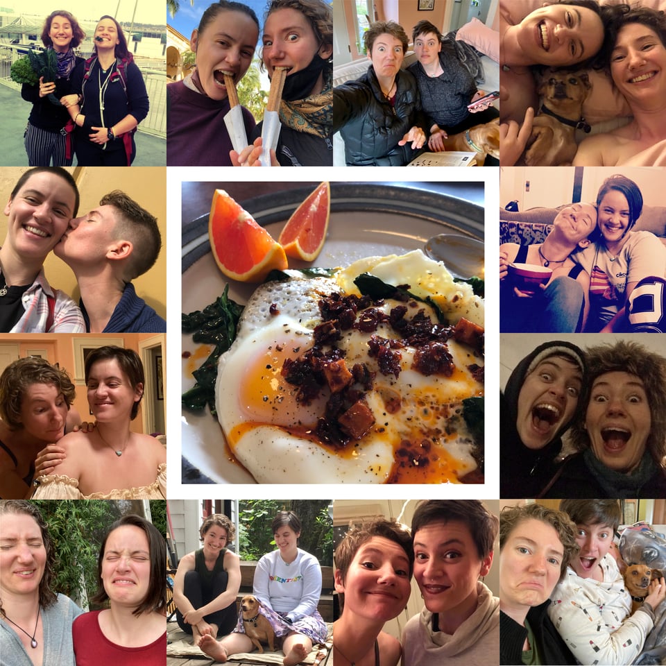 A collage of images showing many photos of Lucy and Zina together smiling and laughing. The photo in the middle of the collage shows a decadent plate of fried eggs topped with chili oil.