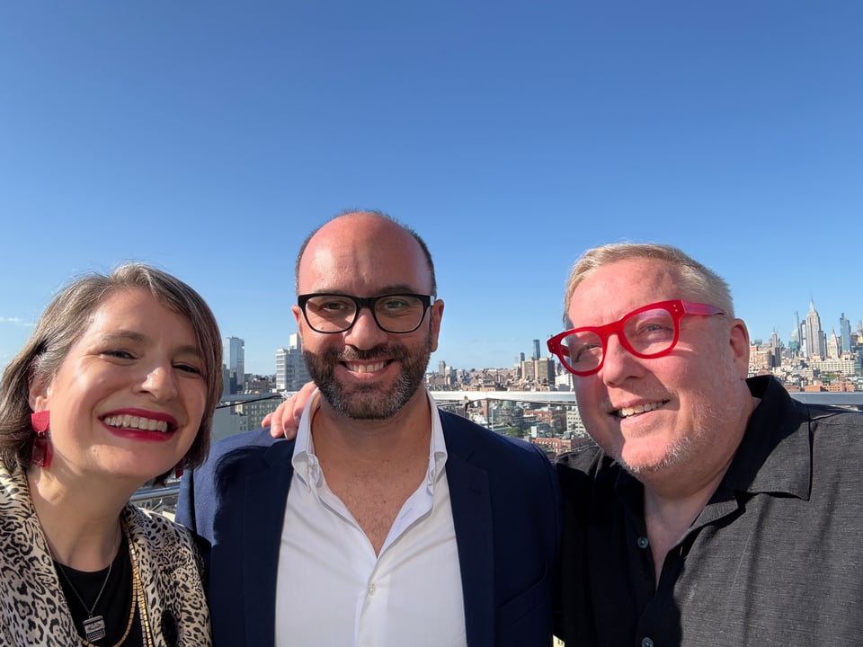 Amanda Schuster with Mateo Meletti and Sother Teague on the Crown Hotel rooftop on a sunny day in September, NYC