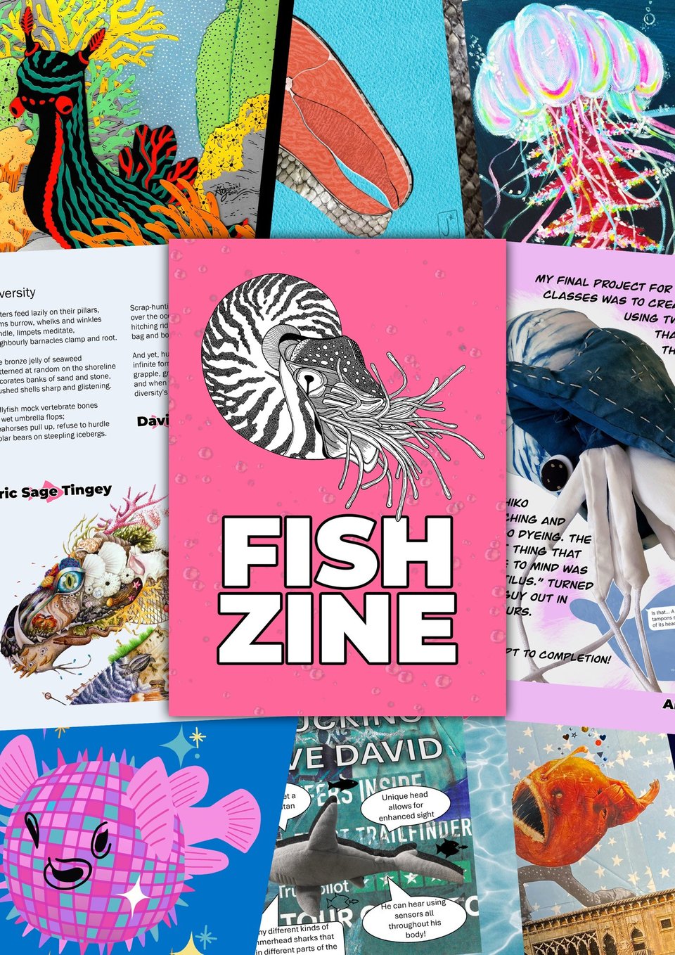 Fish Zine cover with sample art in the background
