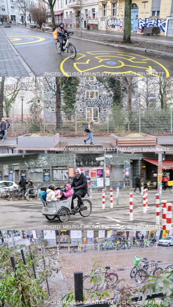 Four photographs of winter streets with people walking or biking, and bollards blocking car access.
