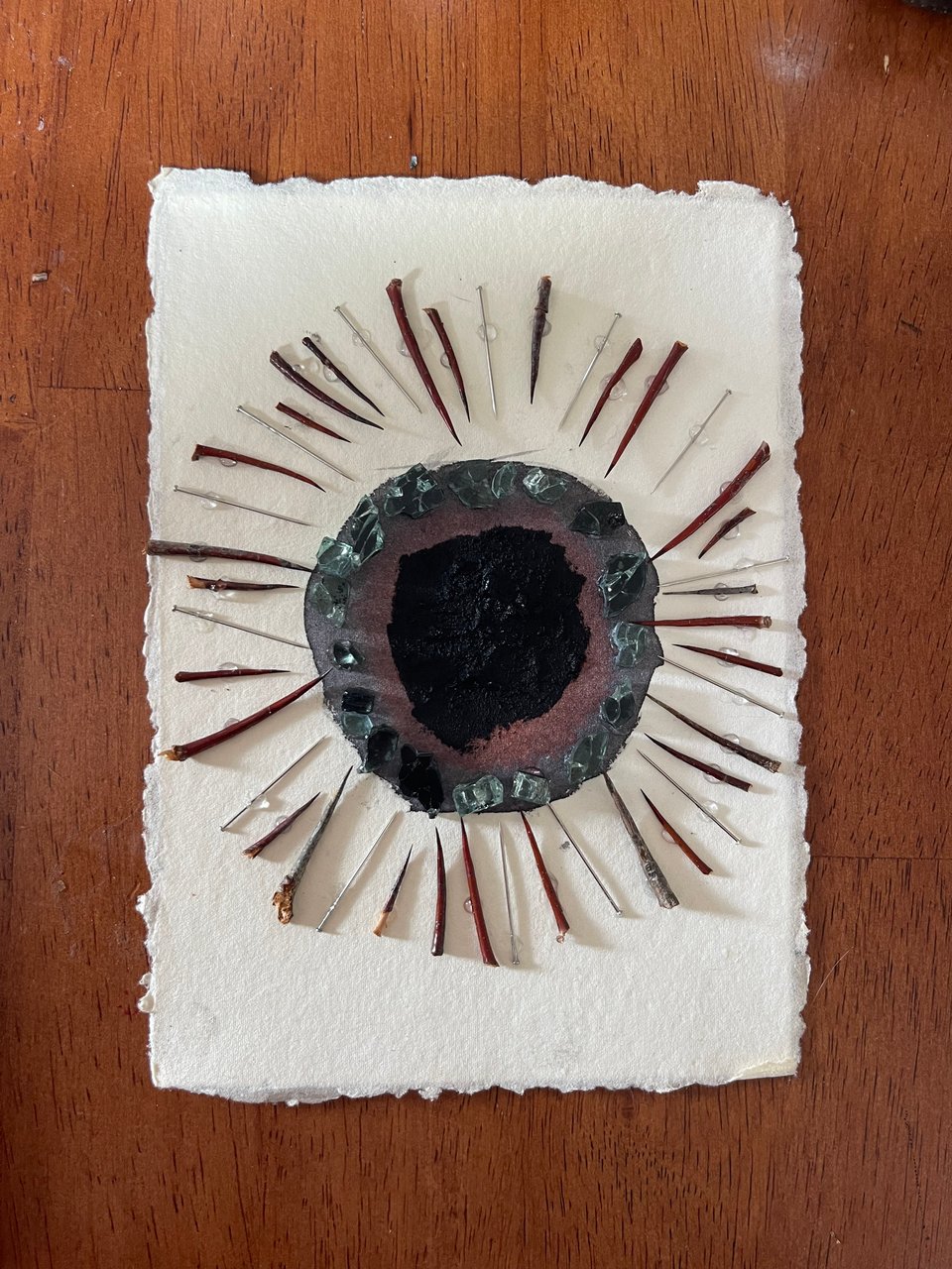 Lauren’s personal emotional portal hex with hawthorn spikes, pins, and broken glass.