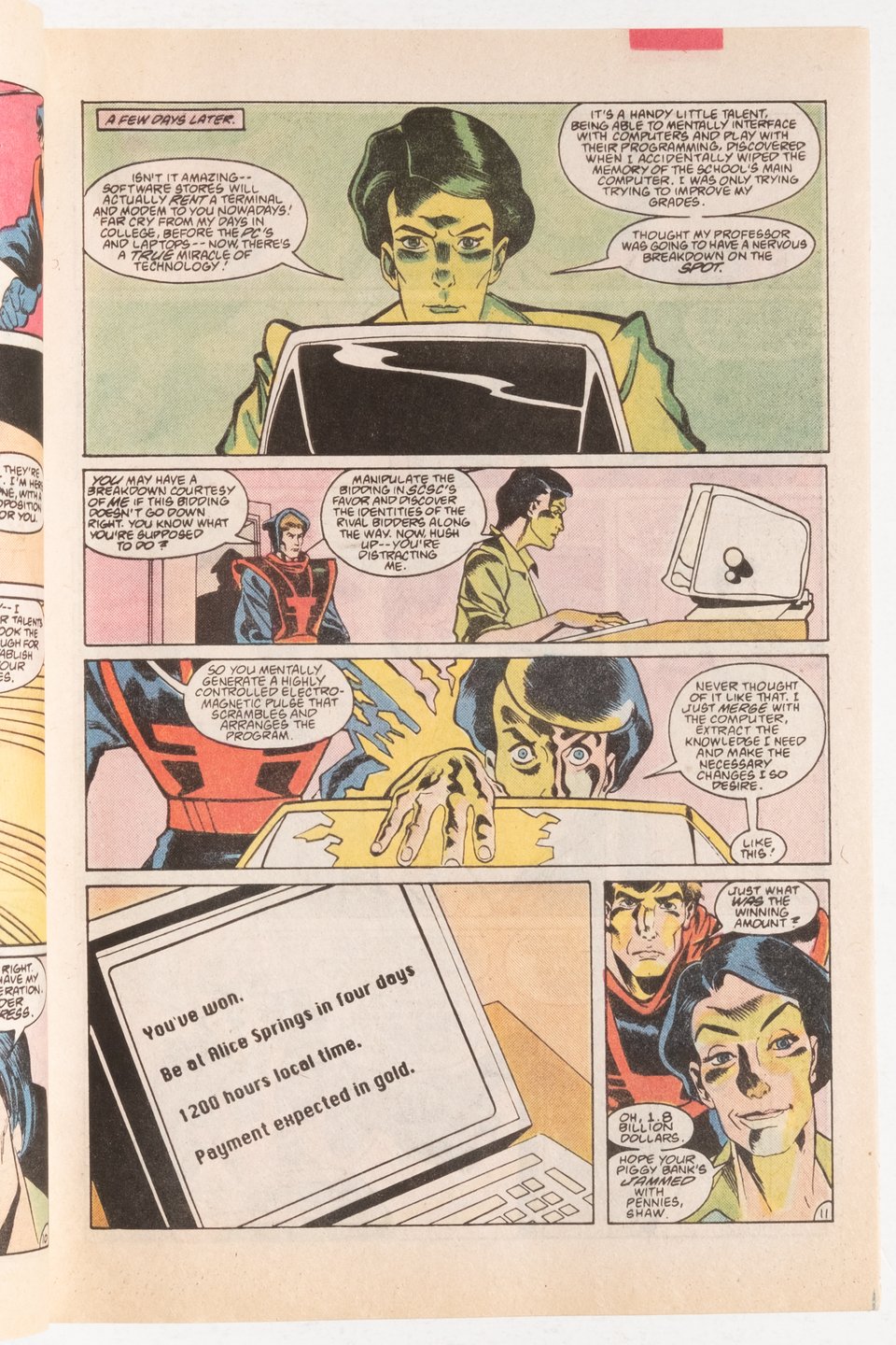 page from Manhunter of someone working at a computer terminal that looks like Dan Clowes art