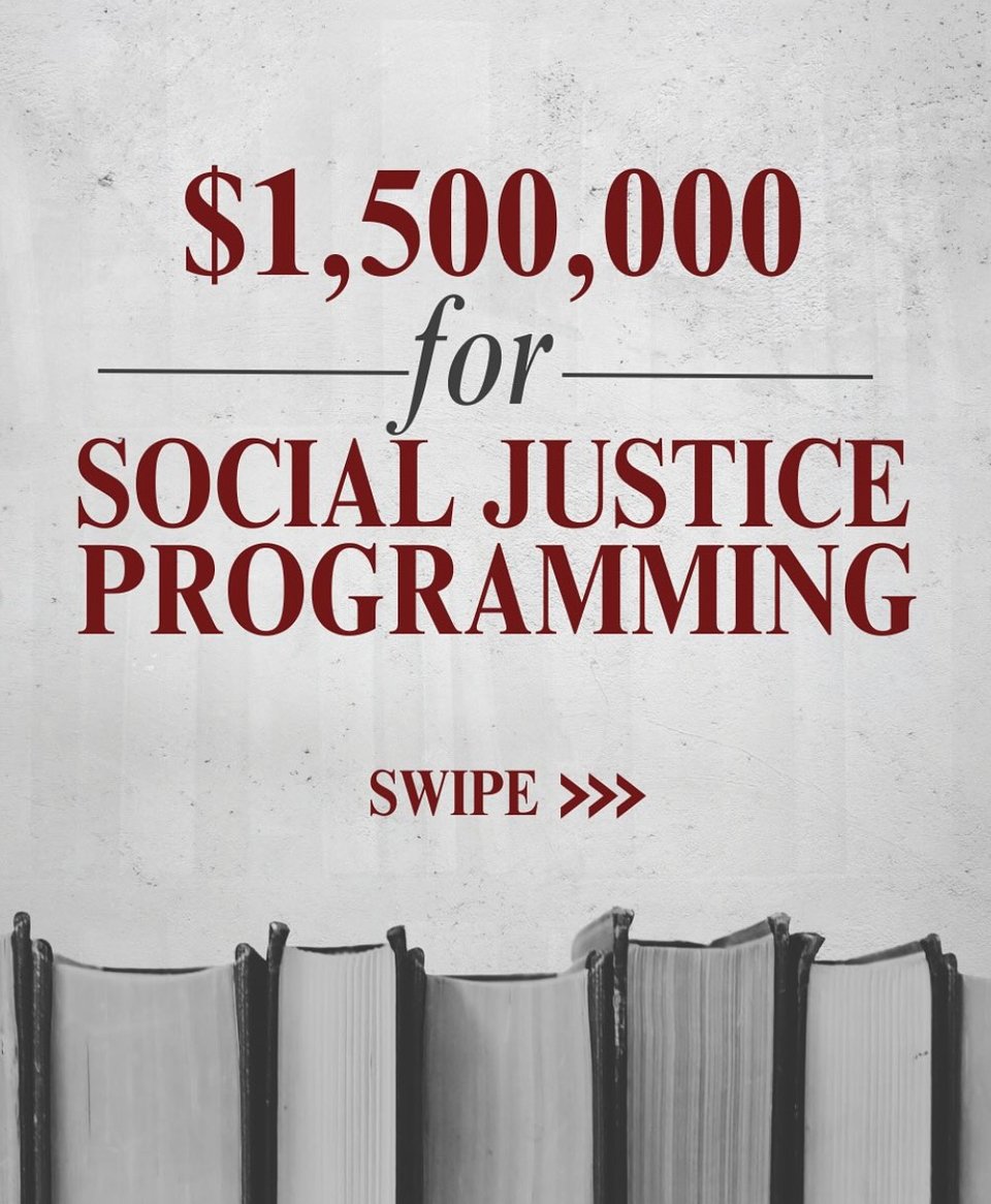 Gray image with red text from the IMLS Instagram account. It reads "$1,500,000 for social justice programming"