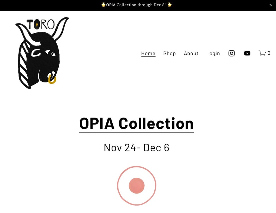 Screenshot of the website homepage with the OPIA Collection information and link to shop