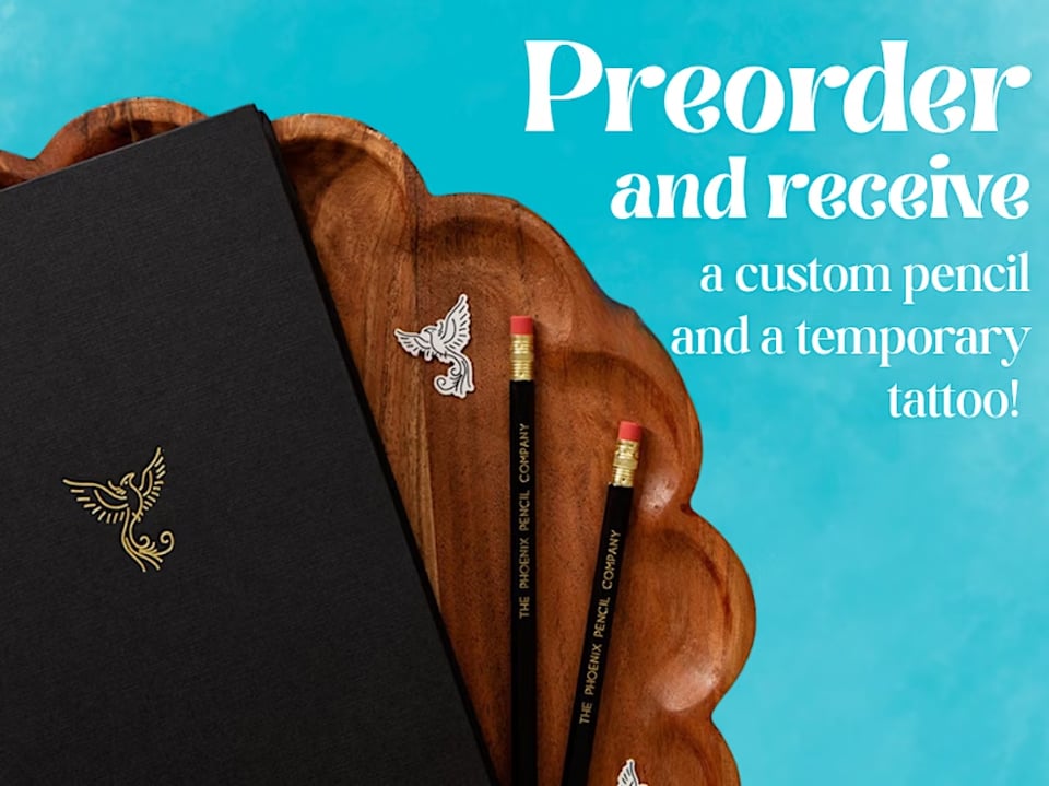 Graphic showing two pencils with "The Phoenix Pencil Company" engraved, and a phoenix temporary tattoo