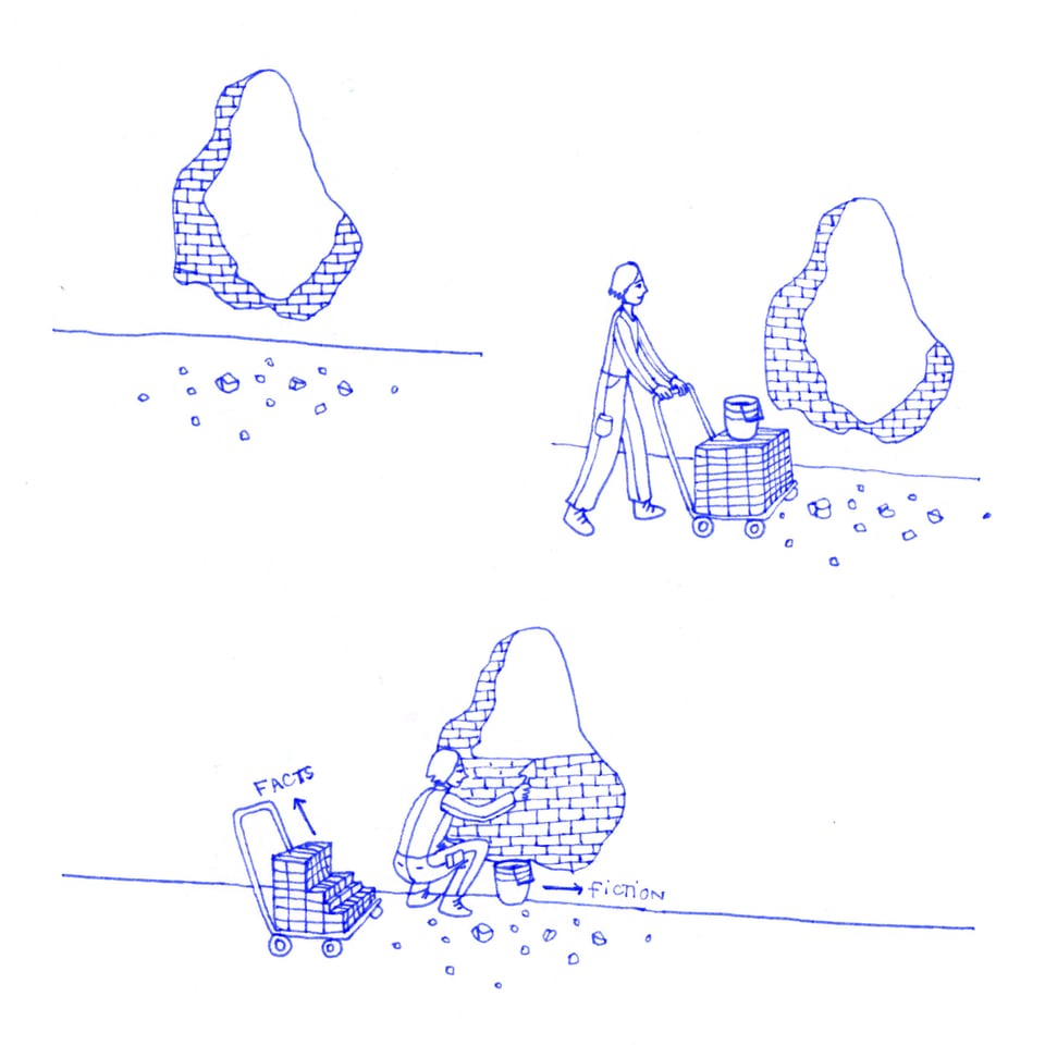 A cartoon with 3 panels. The first panel shows a hole in a brick wall. The second one shows a woman with short hair wearing an overall pushing a cart full of bricks and a bucket. The third panel shows the woman fixing the hole in the wall.