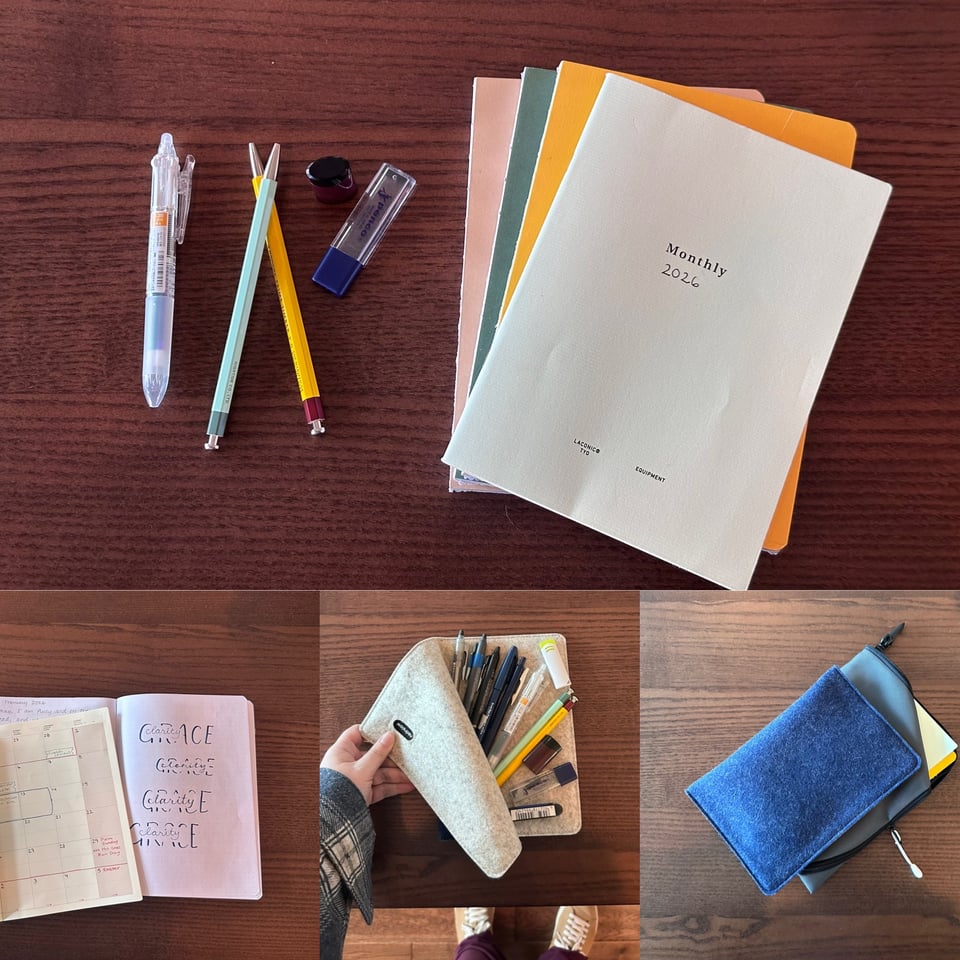 A quad-tych with one large photo picturing the items in the bulleted list above the photo (except the notebook sleeve). Below the large photo are three smaller photos featuring: the planner and noteboook laying open; a white hand opening a soft pen case; and the pen case closed and laying neatly atop the notebok sleeve. All photos have a walnut tabletop as the background.