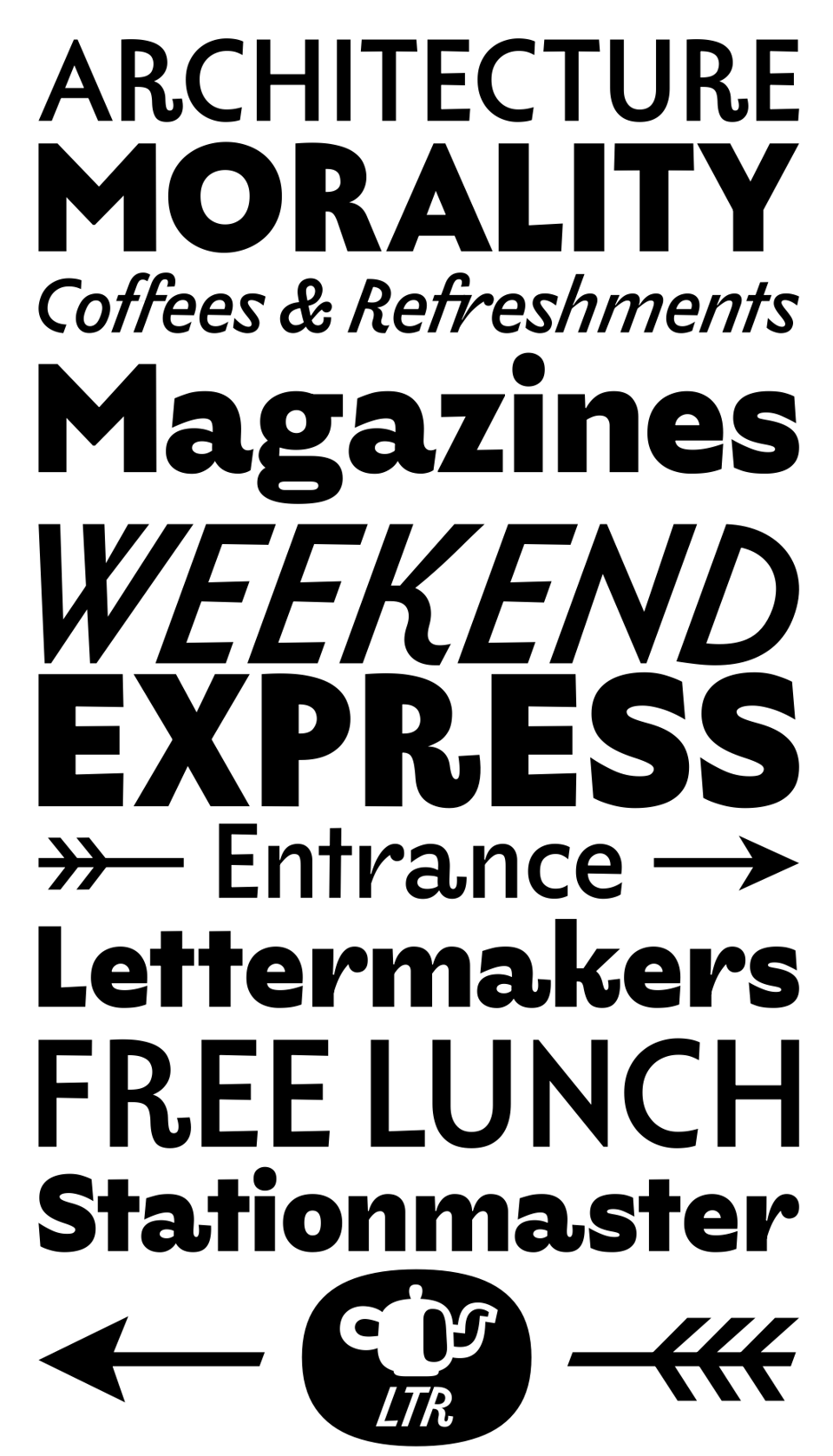 Type specimen, shows different words in different styles and weights.
