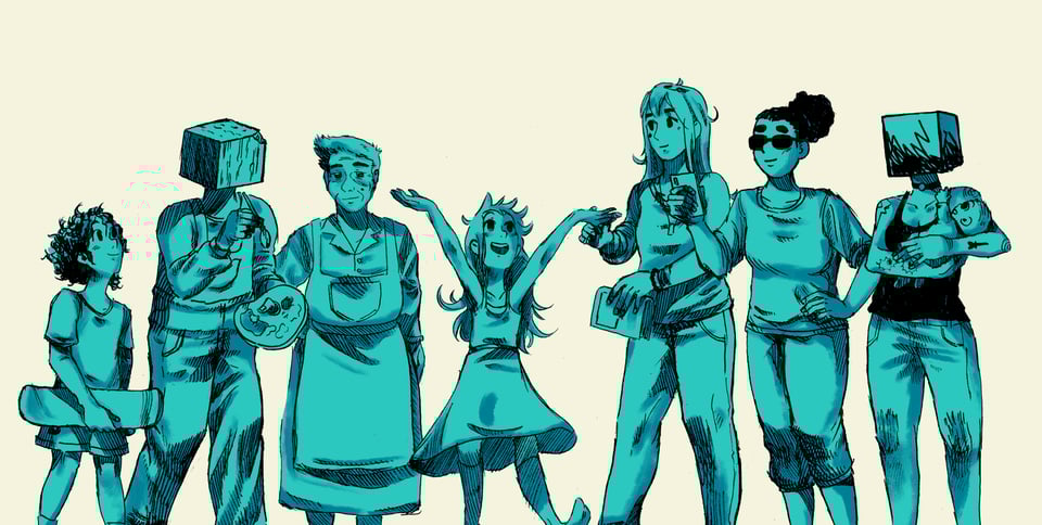 medium shot of seven blue characters on a vanilla background. A young boy with curly hair and a skateboard, an adult man with a wooden cube hear holding a palette and a paintbrush, an elderly woman wearing an apron, a young girl with long hair her arms raised enthusiastically, an adult woman with long straight hair holding a book, an adult woman with a dark curly bun and sunglasses taking a picture with her phone, an adult woman with a scrawled cube head holding a baby