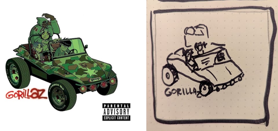A cartoon drawing of the band Gorillaz, in a dune buggy, everything tinted green. The dune buggy has a camouflage pattern on it.