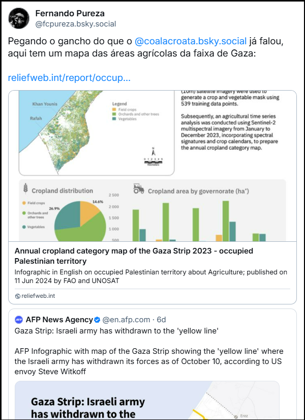 Post de Fernando Pureza (‪@fcpureza.bsky.social‬) com o texto: Pegando o gancho do que o @coalacroata.bsky.social  já falou, aqui tem um mapa das áreas agrícolas da faixa de Gaza: link para a notícia “Annual cropland category map of the Gaza Strip 2023 - occupied Palestinian territory” Infographic in English on occupied Palestinian territory about Agriculture; published on 11 Jun 2024 by FAO and UNOSAT - Tradução: Mapa anual de categorias de terras agrícolas da Faixa de Gaza 2023 - território palestino ocupado Infográfico em inglês sobre o território palestino ocupado e agricultura; publicado em 11 de junho de 2024 pela FAO e UNOSAT