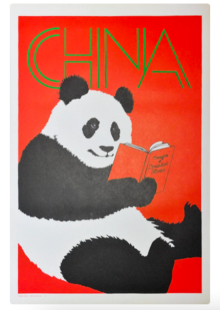 A 1970s print of a panda holding a book called Thoughts of President Nixon