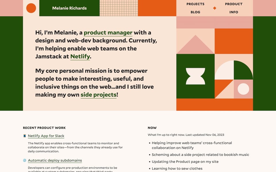 Melanie’s home page in the light theme